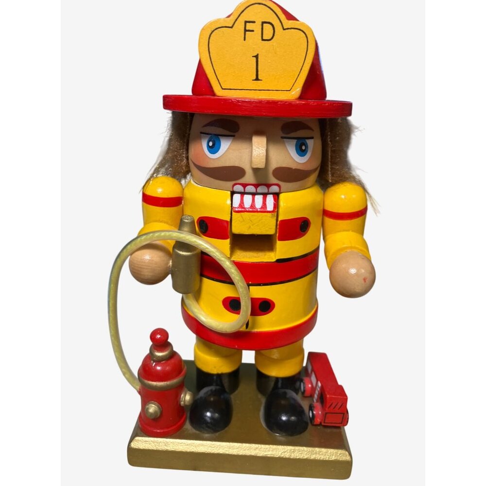 Wooden Fireman Nutcracker with Hose Fire Extinguisher and toy Fire Truck